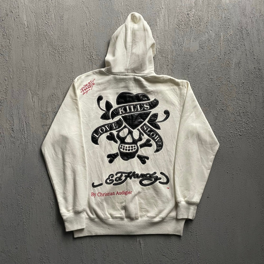 Vintage Love Kills Slowly Full Zip Hoodie Mens medium White 2000s Ed Hardy